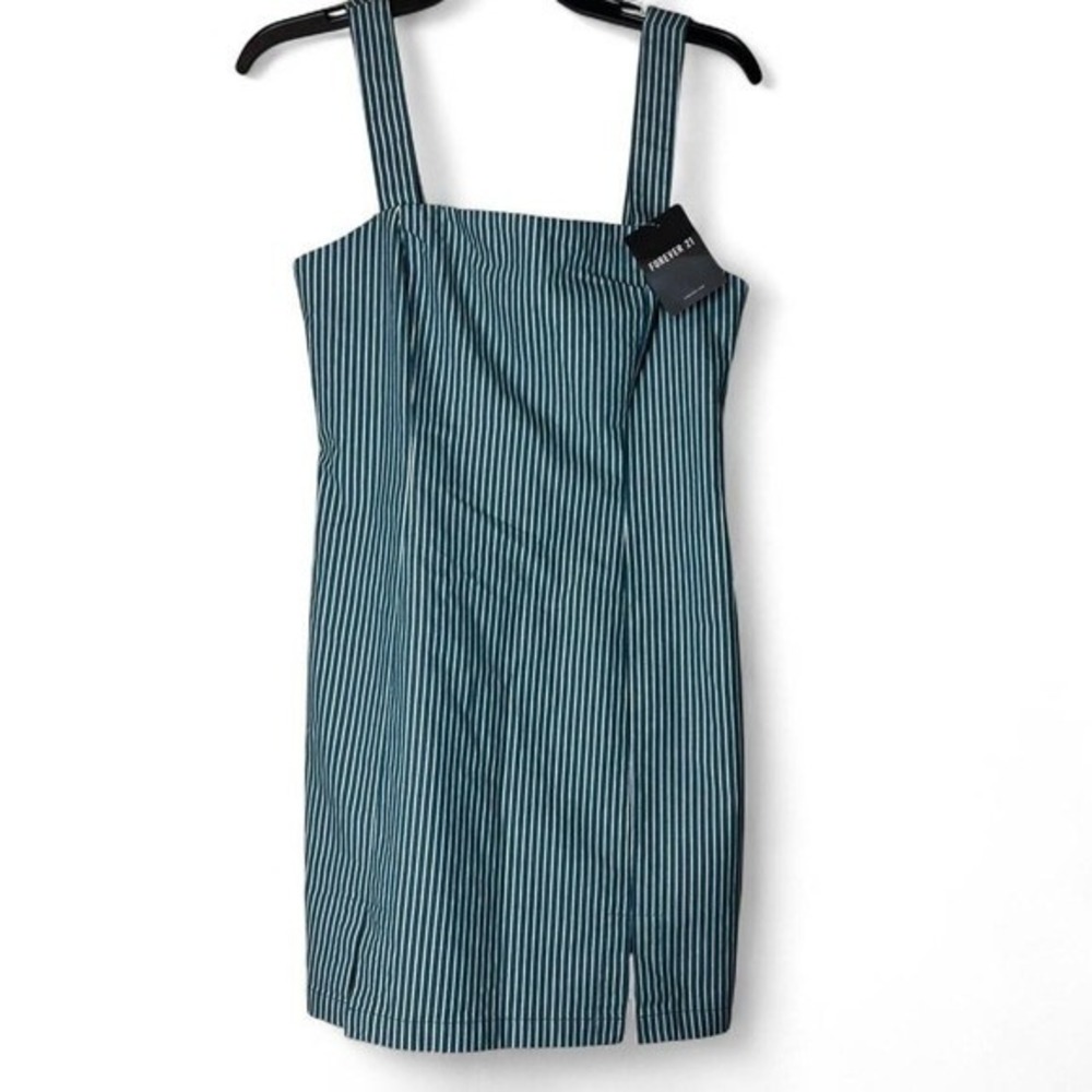 Forever 21 Pinstripe‎ Mini Dress Women M Teal White Nautical Preppy Bodycon Hoco